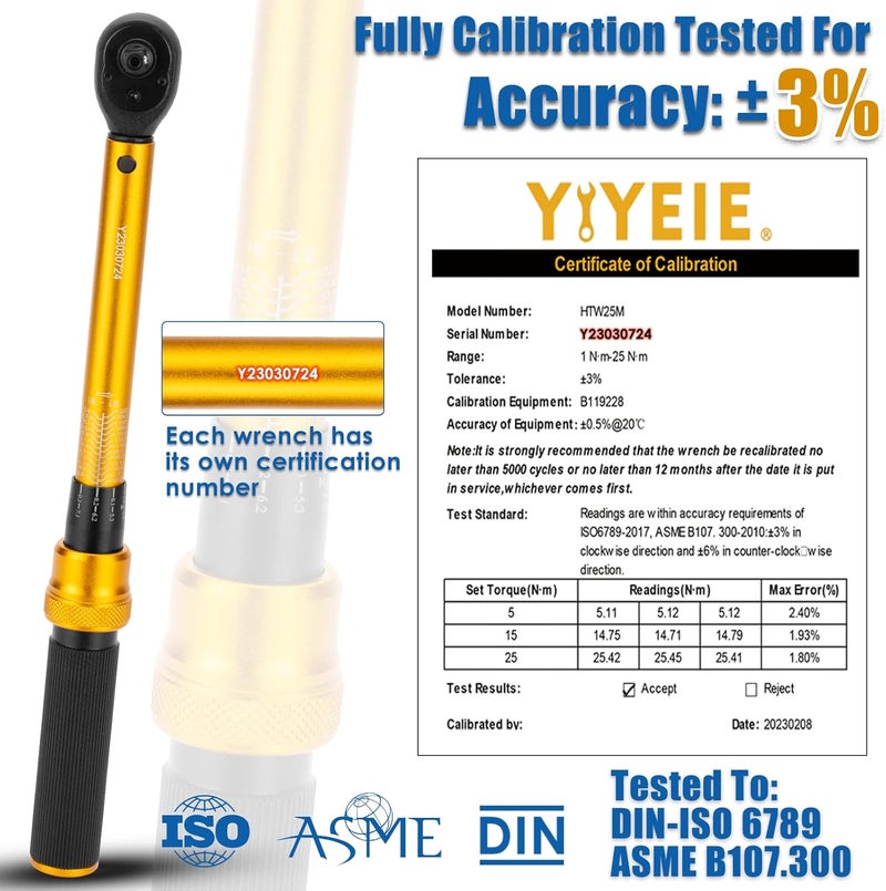 YIYEIE 1/4 Inch Drive Bike Torque Wrench, 1-25 Nm (10-222.5 in.lb), 27 PCS Click Bicycle Torque Wrench with Bit Sockets, 0.1 Nm Micro, 72-Tooth Ratchet, 3/8 Adapter, for MTB, E-Bike, Motorcycle - Image 5